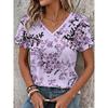 Women's V-Neck Light Pink Floral Print Short Sleeve T-Shirt, Casual Tops for Spring & Summer