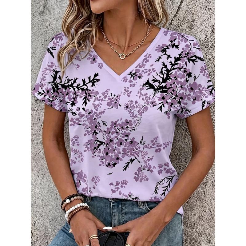 Women's V-Neck Light Pink Floral Print Short Sleeve T-Shirt, Casual Tops for Spring & Summer