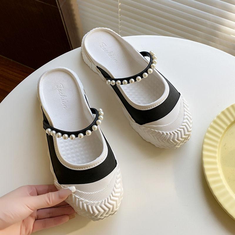 Модные шлепанцы на низком каблуке белые женские с украшениями снаружи летняя обувь — фото 4