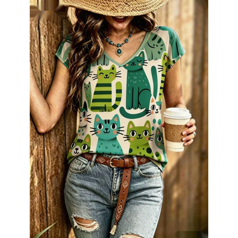 Womens V-Neck Short Sleeve Loose T-Shirt With Colorful Polka Dot Print Casual Oversized Top Daily Wear