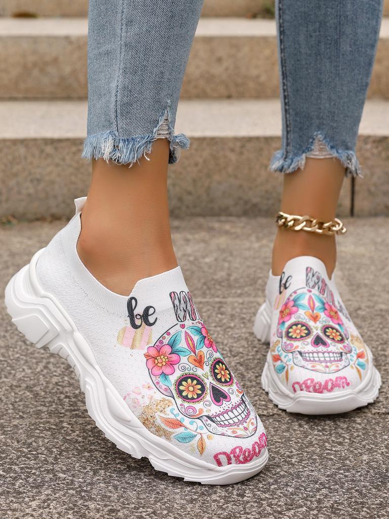 Fashion Fashion Print Non-Slip Sneakers for Women Summer Breathable Knitted Soft Sole Flats Woman Slip-On Platform Sports Shoes Ladies