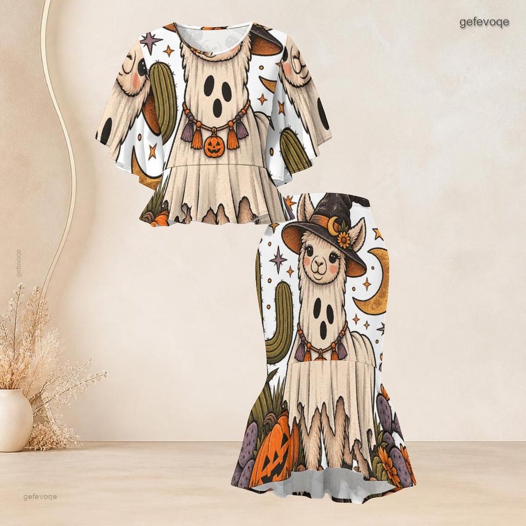 Women Plus Size Round Neck Halloween Printed Batwing Sleeve Ruffle Hem Top Fishtail Skirt Two Piece Set