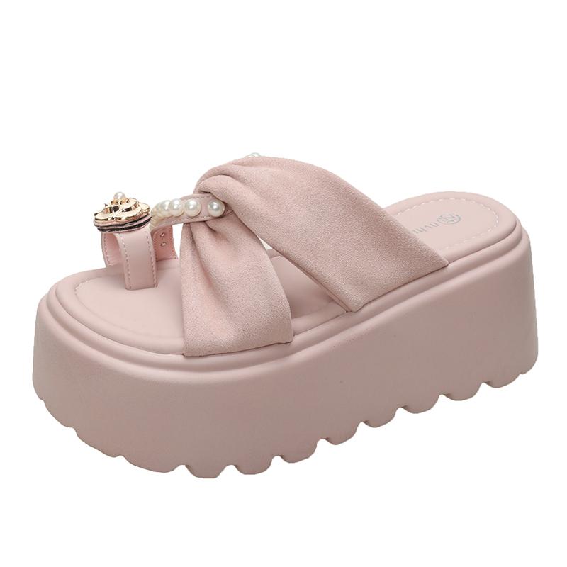 Fashion 8CM Platform Sandals Women 2025 Summer New Non-slip High Heels Flannel Slippers Ladies Open-toed Roman Soft Beach Shoes