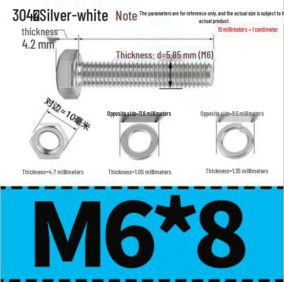 304 Stainless Steel Hex Head Bolt and Nut Set M6-M14, Lengths 8-100mm
