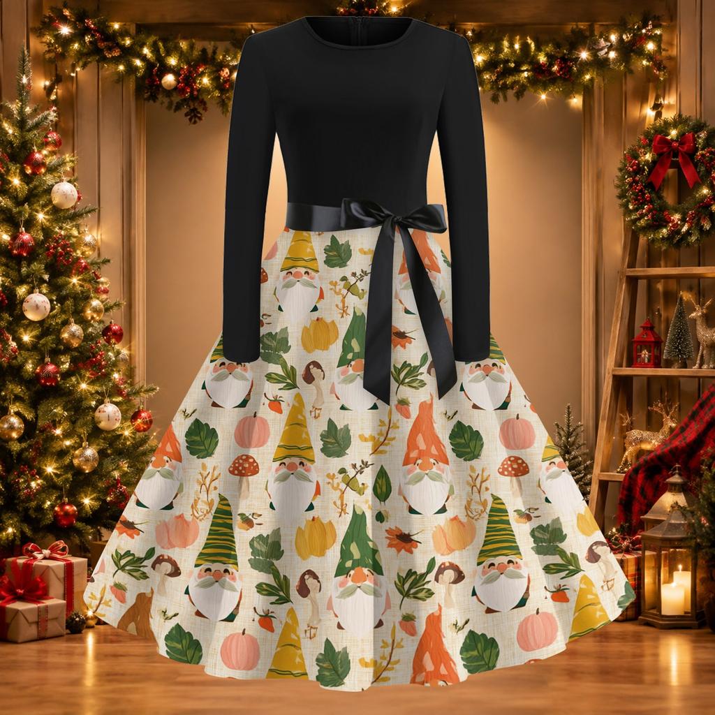 Women's Casual Christmas Print Neck Vintage Dress for Holiday Party