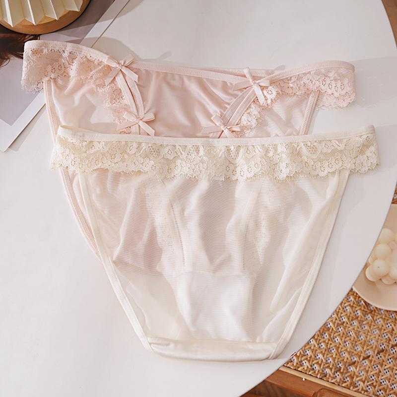 CINOON 3Pcs/Lot Women's Satin Sexy Briefs Lace‑Trim Mesh Spliced Panties Bow‑decor Solid‑Color Hollow‑out Bikini Briefs