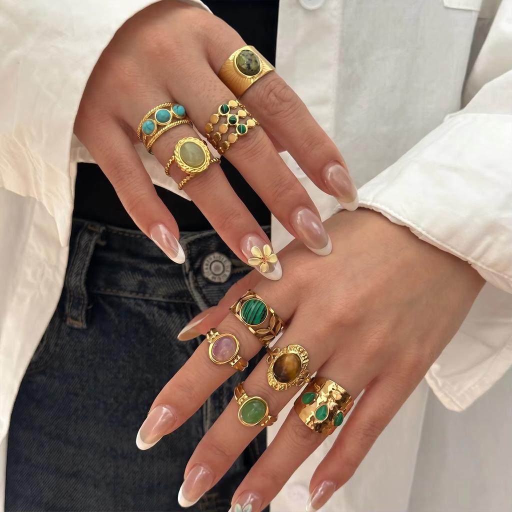 Vintage Ethnic Stainless Steel Gemstone Open Ring For Women Punk Personality Stackable Finger Jewelry Hand Accessories