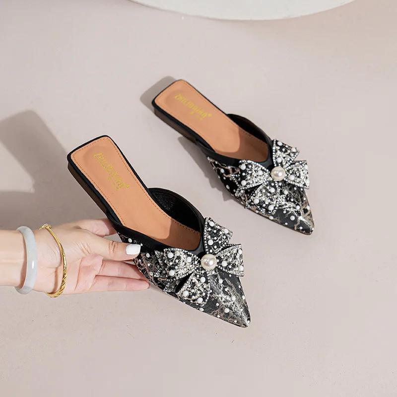 New Women Shoes Fashion Slipper Slik Upper Pointed Toe Bowknot Casual Sandals Ladies Match Dress Flat Slides