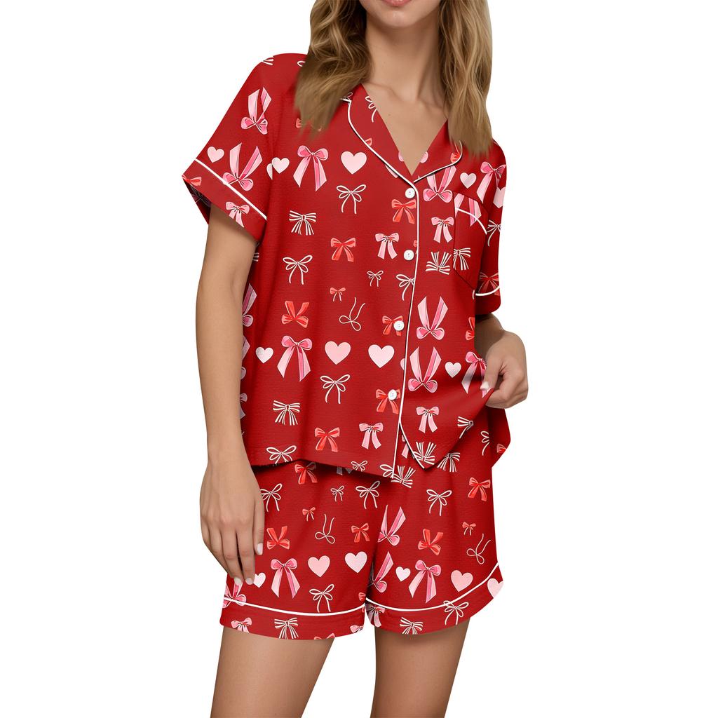 Damen Casual Mode Weihnachts-Print Kurzärmeliges Hausanzug-Set mit Knopfleiste, Kurzarm-T-Shirt und Shorts