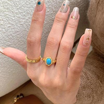 Exquisite Turquoise Rings for Women Vintage Palace Style Light Luxury Wire Drawing Blue Ring Party Wedding Romantic