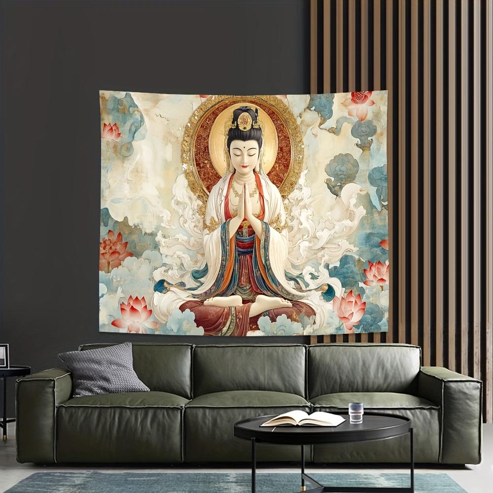 Gobelín Guanyin, Bohyně milosrdenství s lotosovými květy a svatozáří, Duchovní buddhistické umění Nástěnná dekorace do meditační místnosti