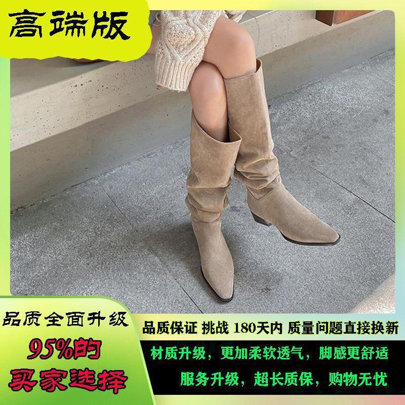 

Pleated Pile Boots Women s 2025 Coarse Heel Medium Heel Tall Thin Western Boots Retro Skinny Spring and Autumn Knight Boots 35