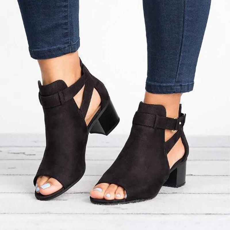 Sandali da donna con tacco alto e grosso, stile gladiatore, con punta aperta, neri, con fibbia e cerniera posteriore, sandali da donna