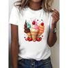 Vibrant summer and spring women's T-shirt, colorful ice cream cone strawberry print T-shirt, casual round neck short sleeved top