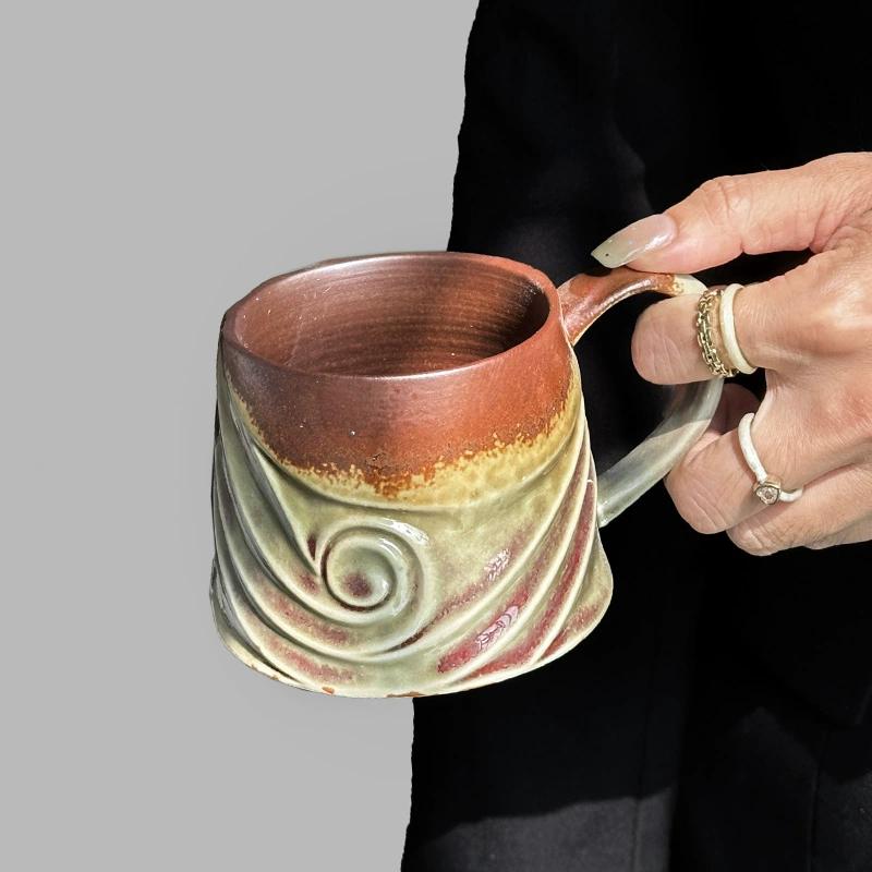 Coarse Ceramic Coffee Mugs, 320ml, Large Capacity, Wide Bottom, Transmutation Glaze Craft, Handmade Pottery Mug, Tea Cups with Hemp Rope Handle