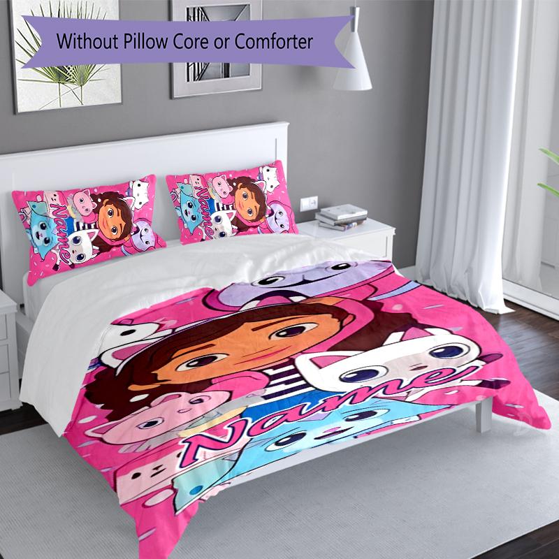3-teiliges personalisiertes Gabby's Dollhouse Bettwäsche-Set, Enthält 1 Bettbezug und 2 Kissenbezüge, Ganzjahres-Schlafzimmerdekoration