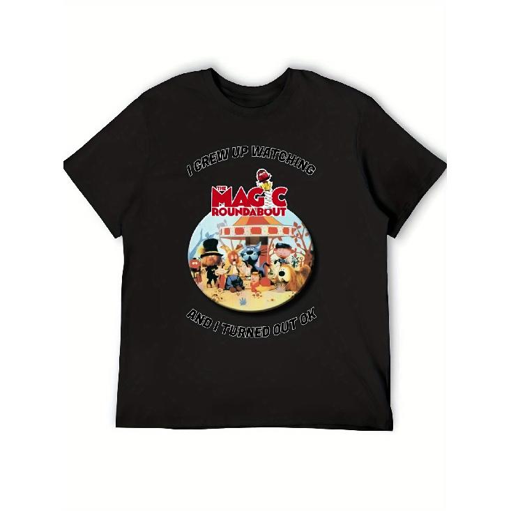 Men s Magic Roundabout TV Show T-Shirt - British Animated Series Tee with Zebedee, Dougal & Erica Characters, I Grow Up Watching The Magic Roundabout S чёрный