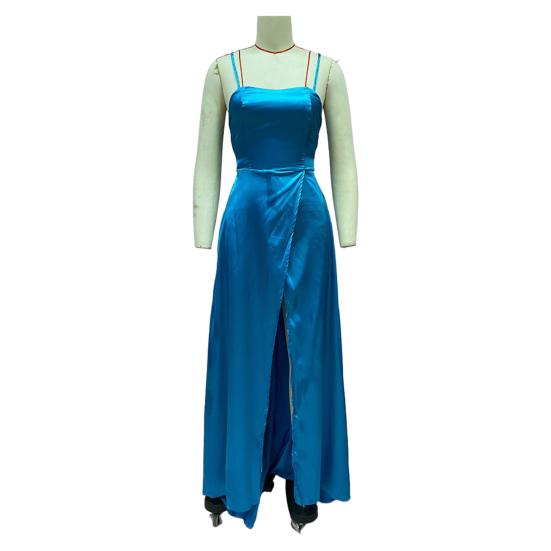 Abito da sera con spalline sottili, spacco alto, spalle scoperte, senza maniche, tasche laterali, a trapezio, lunghezza al pavimento, in raso, colore puro, ballo di fine anno, banchetto, festa, maxi