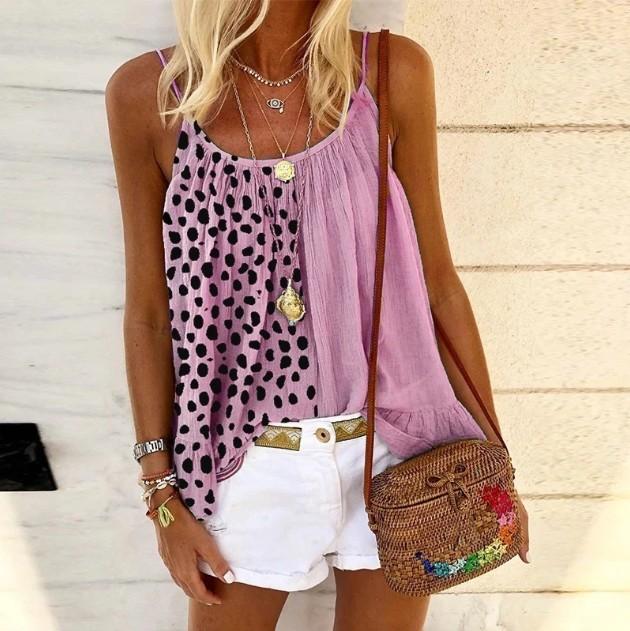 2025 cross-border summer new Amazon European and American vacation style leopard print splicing ruffle edge printing halter top S розовый