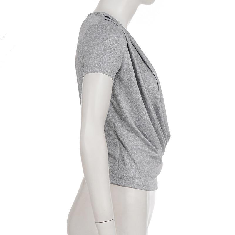 Sexy Deep V Neck Pleated Solid Short Sleeve T Shirt For Women