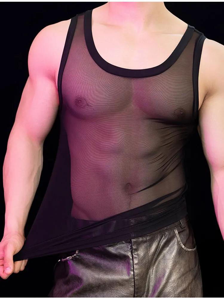 Men'S Sexy High Elastic Shaping Vest Breathable Mesh Sheer See Through Tank Tops Man Nightclub Party T-Shirts