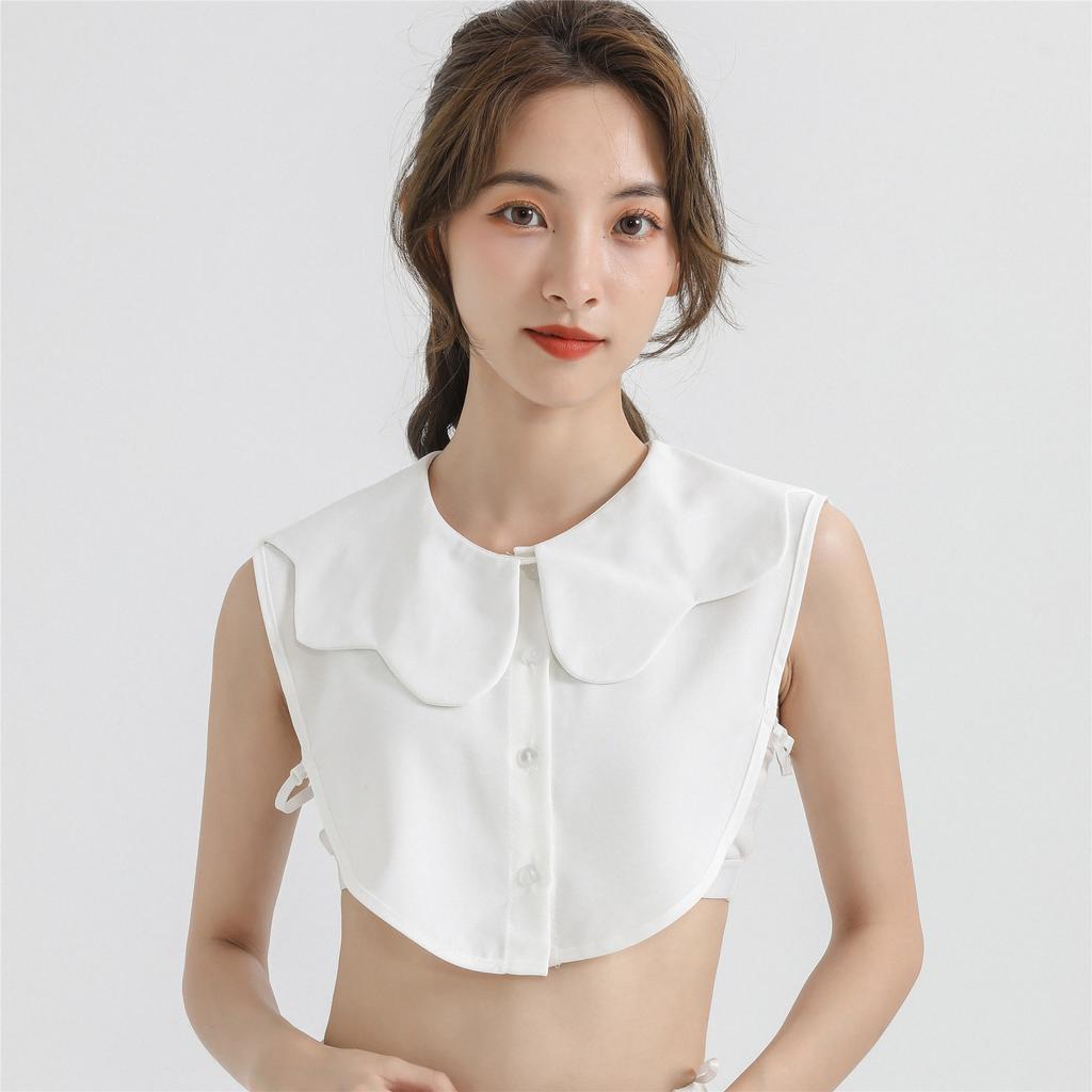 Peter Pan, Wavy Round Neck, Salty And Sweet, White Chiffon, Literary And Fresh, With Fake Collar Inside.