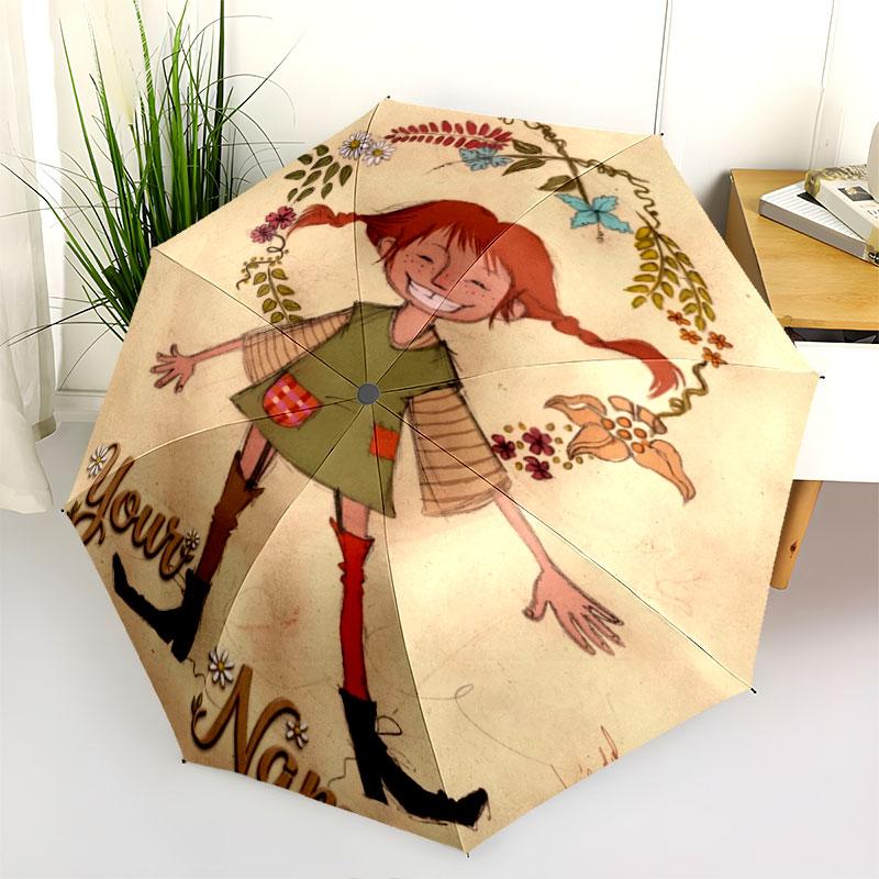 1 PC Automatic Folding Umbrella - Pippi Longstocking Custom Name Pattern, Portable & Foldable Design with 8 Ribs, Christmas Birthday Gifts