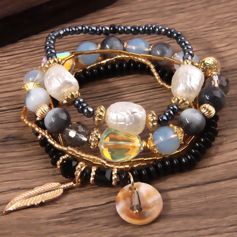 Famous Style Shell Leaf Pendant Mixed and Matched Beads Multi-layer Temperament Women's Bracelet Set