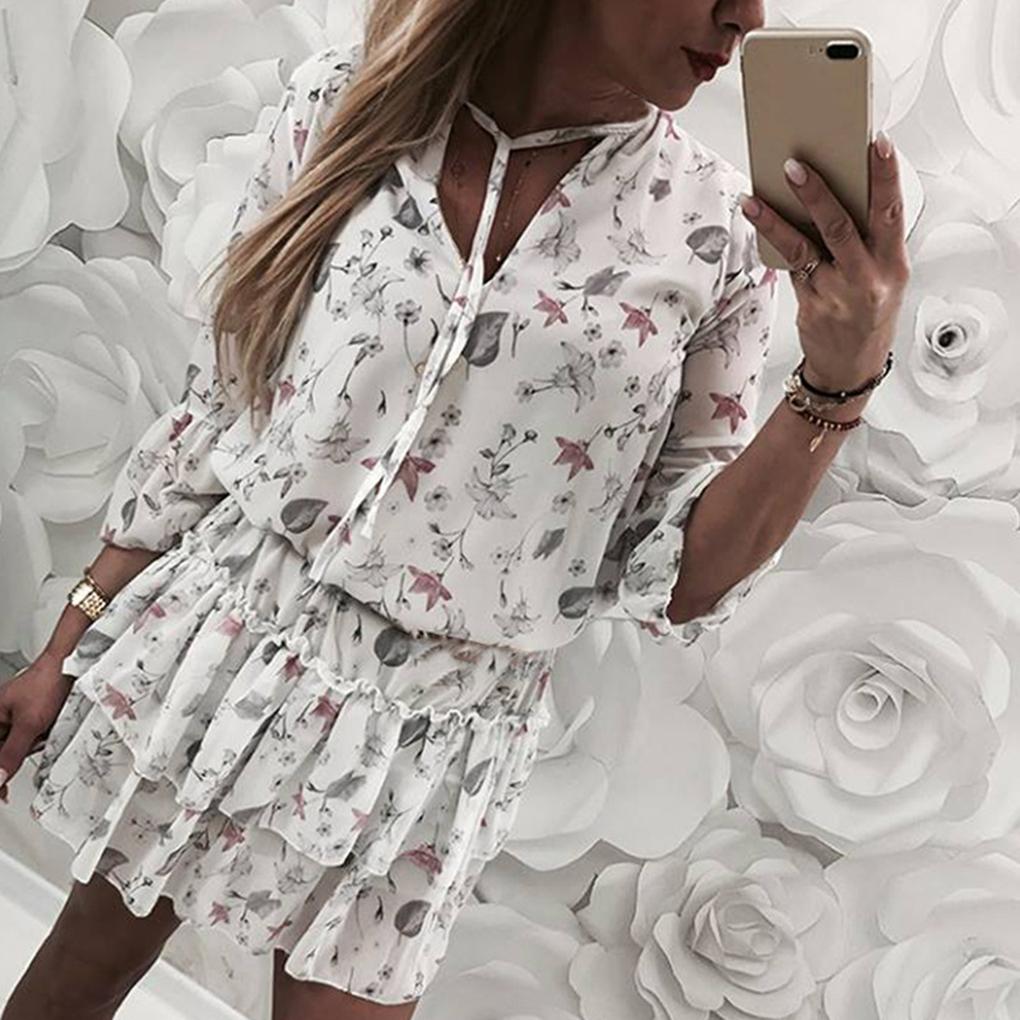 3/4 Sleeve Summer Dress Women Summer Dress Strappy V-Neck Ruffle Hem Dress