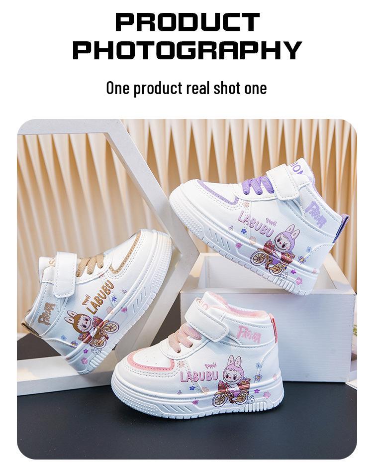 2025 Autumn/Winter Kids' Cartoon Mid-Top Leather Walker Shoes - Unisex, Trendy White