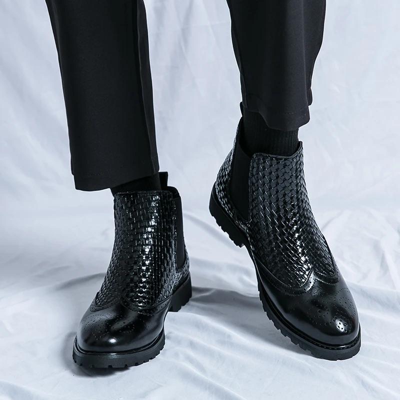 Fashion Chelsea Boots Men PU Plaid Patchwork Block Carved Business Formal Boots Classic Comfort High Top Men Boots Large Size 38-46