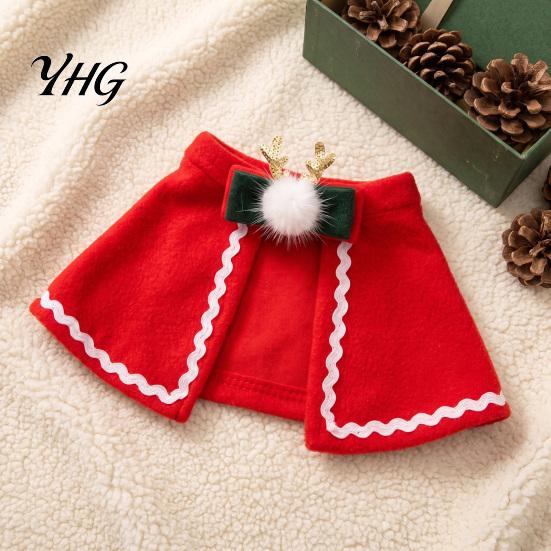 Pet Christmas Cape with Bow, Red Cloak for Small Medium Dogs & Cats, Dog Holiday Outfit White Wavy Trim, Festive Costume Apparel Pets