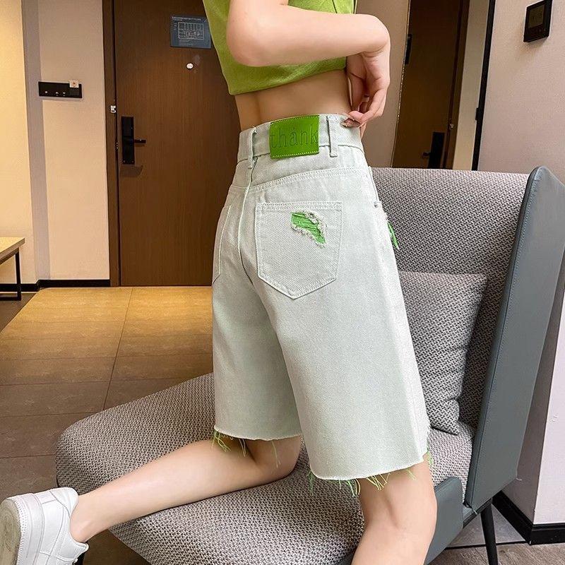 Green Denim Shorts for Women In Summer Thin Cut with Holes Beggar Pants High Waist Covering Thighs Wide Legs A-line Five Quarter Pants
