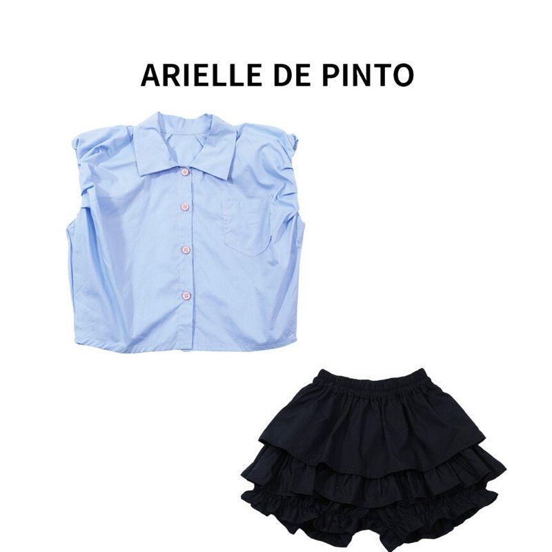 French Arielle De Pinto Girls  Puff Sleeve Shirt Set Fashionable Sweet Stylish Clothes for Girls Blue 140cm