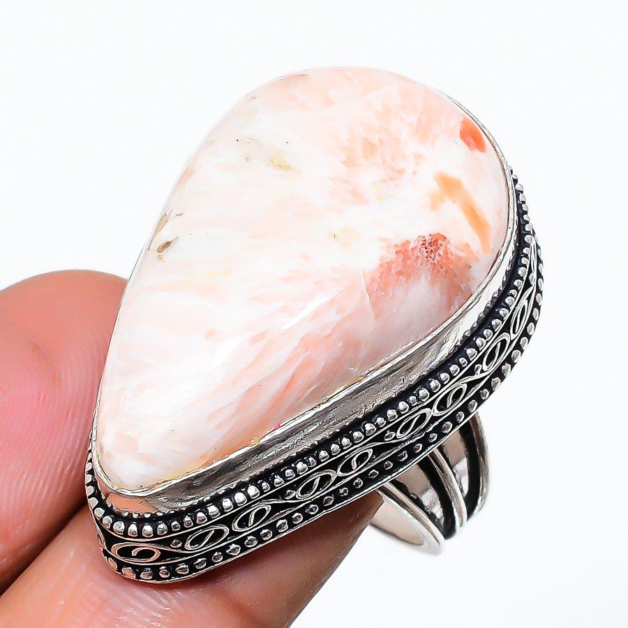 

Кольцо ручной работы из стерлингового серебра 925 пробы с натуральным оранжевым сколецитом, размер 8,5 E3R17