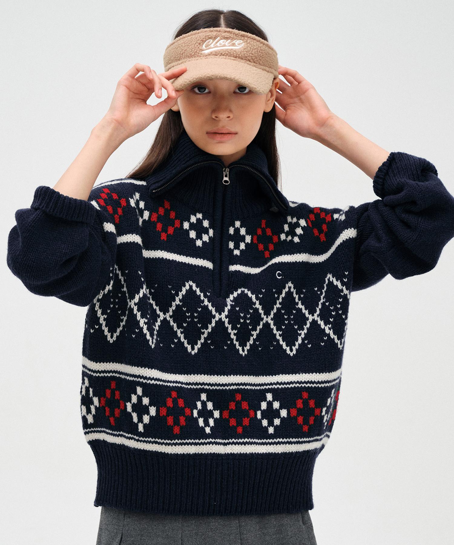 Clove [23Fw Clove] Nordic Half-Zip Knit (Navy) Free/Free