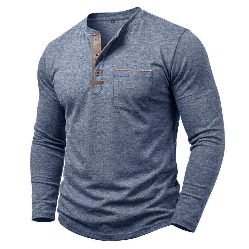 Autumn Winter Mens Henley Long Sleeve T-Shirt Contrast Collar Placket 3 Buttons Chest Pocket Soft Casual Daily Tops