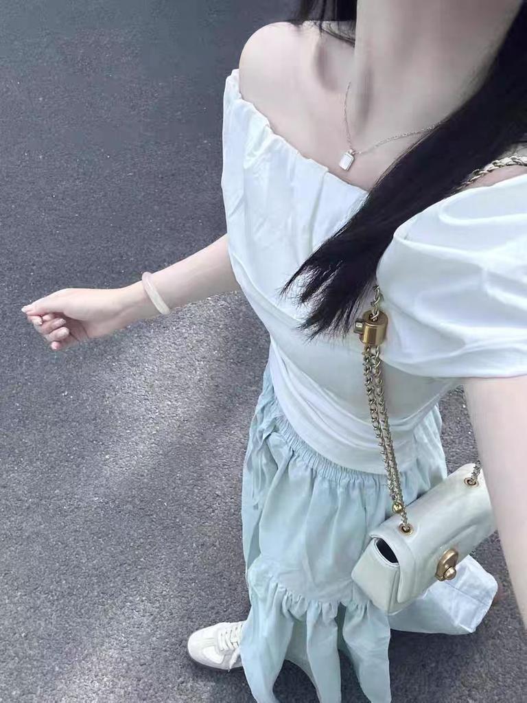 French One-word Shoulder Ruffle Short T-shirt Women's Summer Waist Pure Desire Wind Off the Shoulder Sexy Slim Top