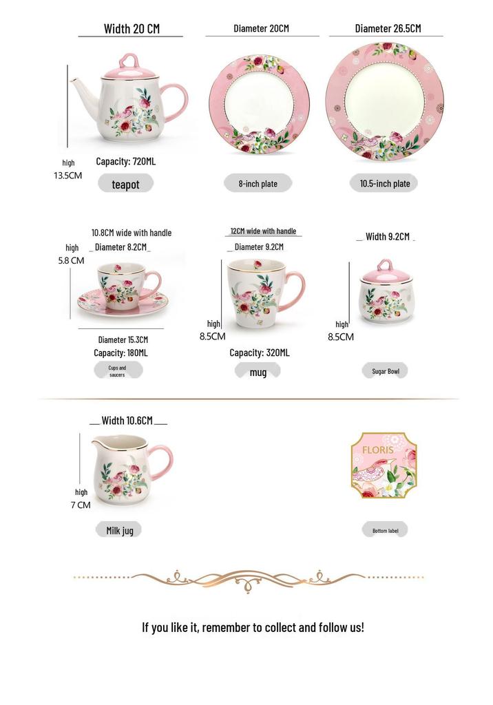 Farorui Shi Korean Afternoon Tea Set: Mug, Coffee Cup, Western Dinner Plate, Teapot, Sugar & Creamer, Small Bird Design.