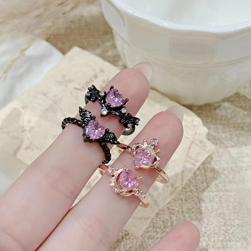 Dark Sweet Cool Pink Zircon Love Open Ring Punk Stacked Wear Personality Niche High Sense Girlfriend Ring Girl