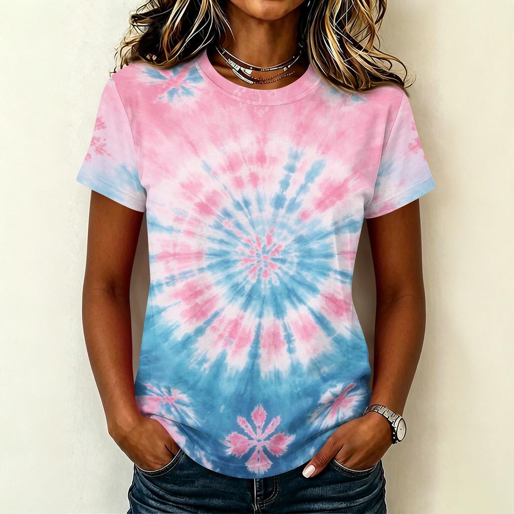 Women's Casual Pullover T Shirt Short Sleeve Round Neck Tie Dye Print Top Lightweight Comfortable Fit