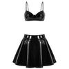 Womens Wet Look Patent Leather Set Wire-free Bra Top with Zipper Flared Skirt for Lingerie Night Club