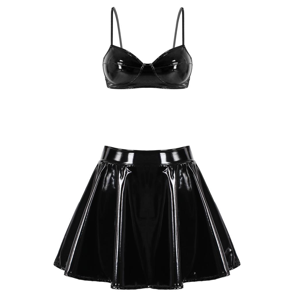Womens Wet Look Patent Leather Set Wire-free Bra Top with Zipper Flared Skirt for Lingerie Night Club