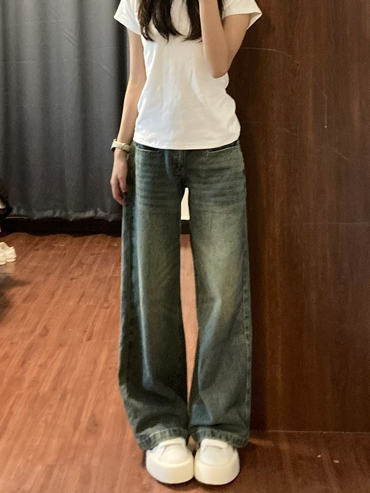 

Comfortable Retro Old Straight Jeans Female Thin Section of High-waisted Loose Thin Versatile Wide-legged Trousers Jeans for Women Long Denim Pants 4XL
