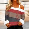 Women's Off-the-shoulder Plush Neck Printed Long-sleeved Pullover T-shirt Top