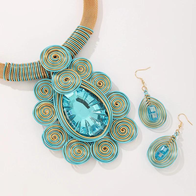 Women Water Drop Crystal Necklace Earrings Handmade Aluminum Wire Woven Jewelry Party Wedding Bridal Gift