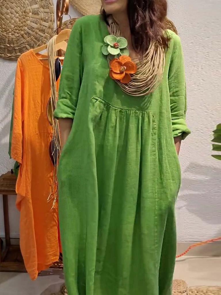 Green Loose Fit Long Dress with Pockets, Casual Flowy Maxi Dress in Multiple Colors