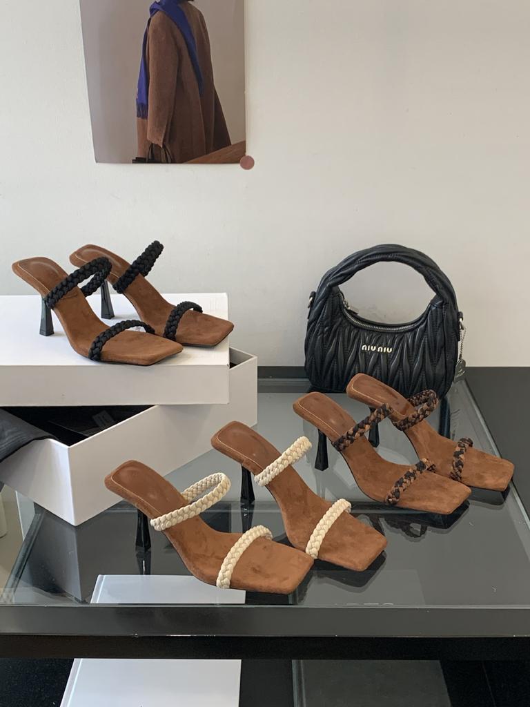 French Temperament Woven Word with High Heels Women's Summer Vacation Style Sandals Summer Open-toed Versatile Outer Slippers Women