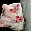 24pcs Glossy Rose Pink Press On Nails With 3D Flower Heart Bowknot Charms For New Year False Nail Tips