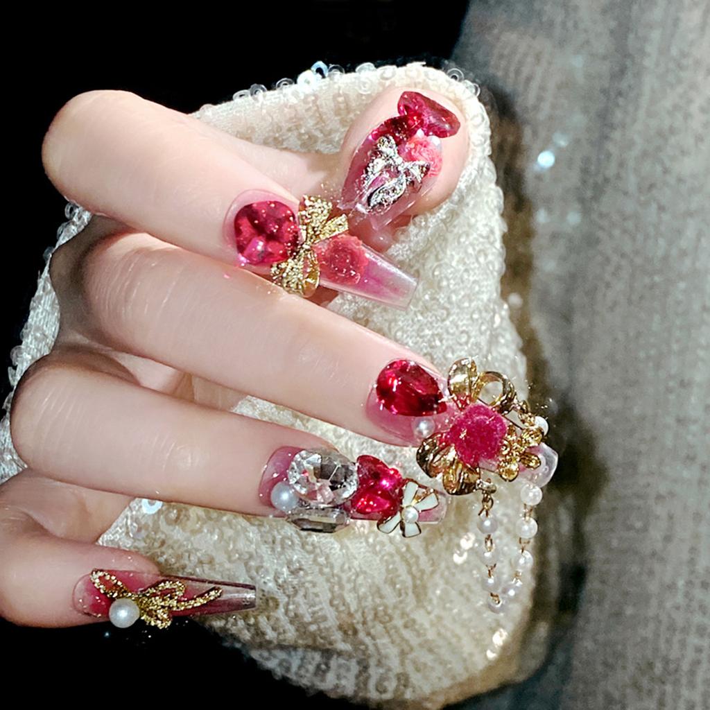 24pcs Glossy Rose Pink Press On Nails With 3D Flower Heart Bowknot Charms For New Year False Nail Tips